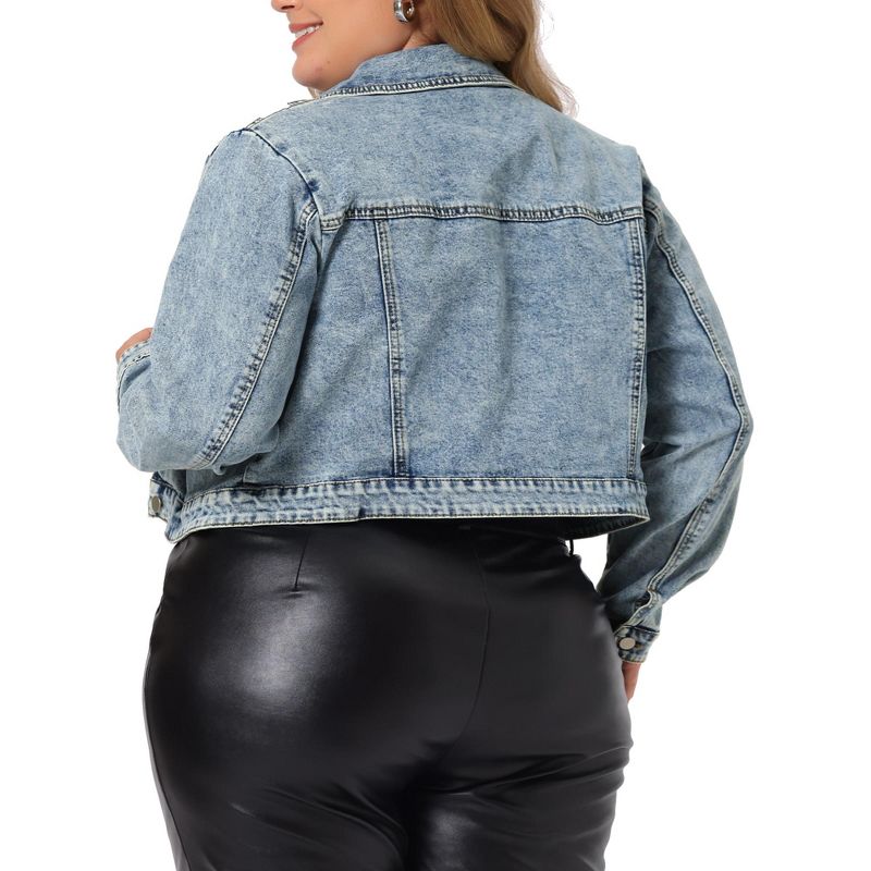 Agnes Orinda Women's Plus Size Retro Denim Notched Lapel Long Sleeve Classic Washed Crop Jean Jacket, 4 of 6
