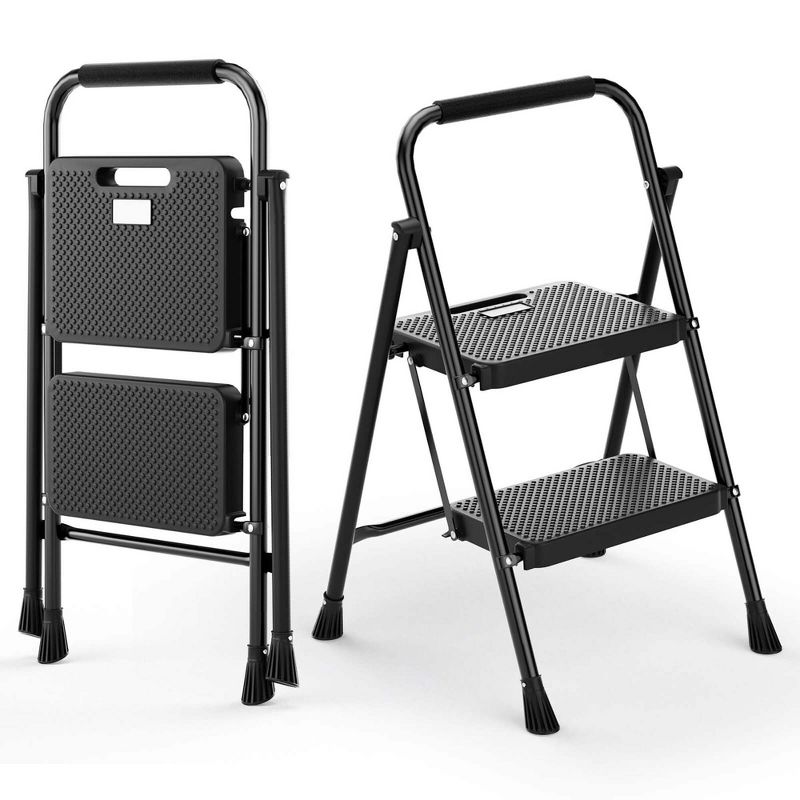 Costway 2 Step Folding Step Ladder with Safety Handrails & Wide Anti-slip Pedals for Black, 1 of 11