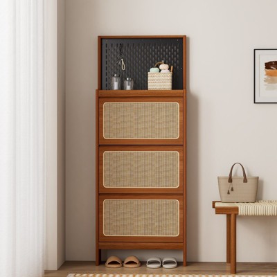 FONTOI Rattan Shoe Cabinet, Free Standing Shoe Rack with 3 Flip Drawers & Black Pegboard, Hidden Narrow Shoe Cabinet, 24.88"W x 7.88" D x 65"H, Brown