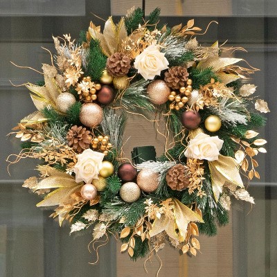 Christmas Wreaths with Lights Pre-Lit 24 Inch Champagne Gold Door Wreath with Ball Ornaments, Rose Battery Operated