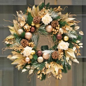 Christmas Wreaths with Lights Pre-Lit 24 Inch Champagne Gold Door Wreath with Ball Ornaments, Rose Battery Operated - 1 of 4