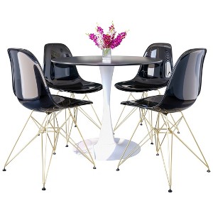 LeisureMod 5-Piece Dining Set with 35" Round Dining Table in White Iron Pedestal Base and 4 ABS Plastic Side Chair with Gold Base - 1 of 4