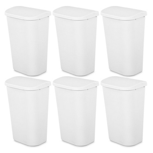 Sterilite 11.3 Gallon D Shape Flat Side Lift Top Lid Wastebasket Trash Can  for Kitchen, Home Office, and Garage, or Workspace, White (6 Pack)