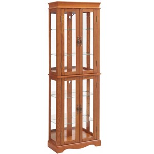 Lighted Glass Curio Display Cabinet with Wood Frame - Elegant Glass Storage for Wine, Toys & Collectibles - Perfect for Living Room, Kitchen- OAK - 1 of 4