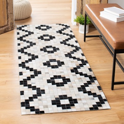 Hand-Knotted Black and Ivory Geometric Cowhide Runner Rug