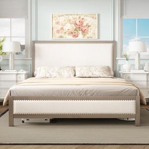 AMERLIFE Upholstered Solid Wood Bed Frame with Linen Headboard & Footboard Nailhead Trim - 1 of 4