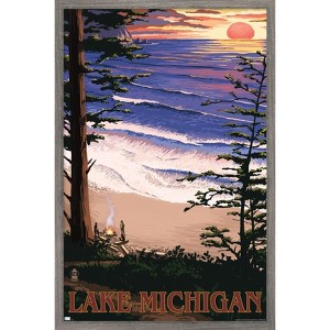 Trends International Lantern Press - Lake Michigan, Sunset on Beach Framed Wall Poster Prints - 1 of 4