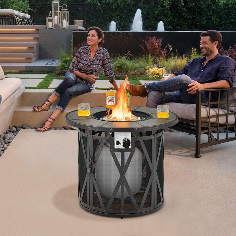 Tangkula 32 Inch Outdoor Fire Pit Table 30,000 BTU Round Metal Fire Table with Lid & PVC Cover & Glass Stones CSA Approved, 2 of 11
