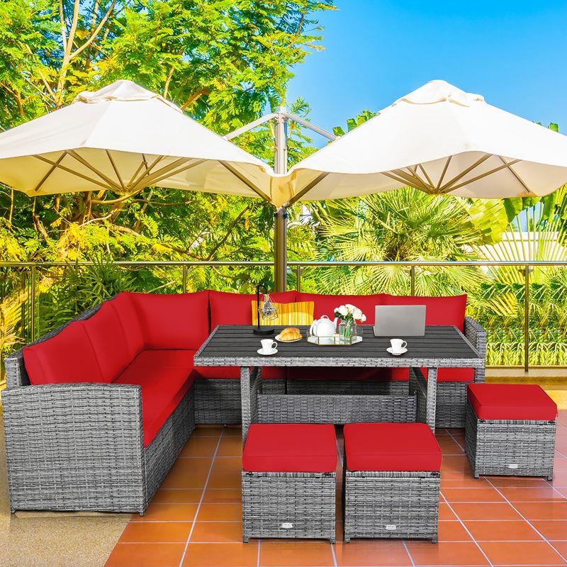 Costway 7 PCS Patio Rattan Dining Set Sectional Sofa Couch Ottoman Garden White\Red\Black, 3 of 11