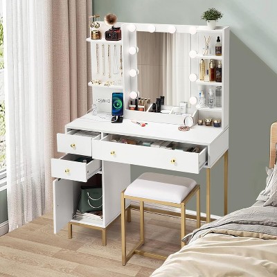 Vanity Desk with Stool and Charging Station, White Vanity Set with Mirror & Lights, 3 Lighting Colors, Large Makeup Table for Bedroom Dressing Room