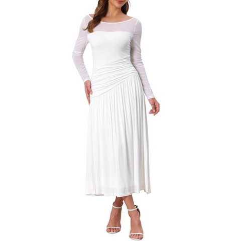 Женские платья INSPIRE CHIC Women's Wedding Guest Pleats Ruched Long Sleeve Crewneck Evening Maxi Flowy Dress Medium White