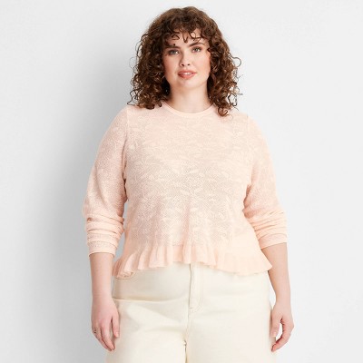 Women's Crewneck Lace Peplum Sweater - Future Collective Light Pink 1X