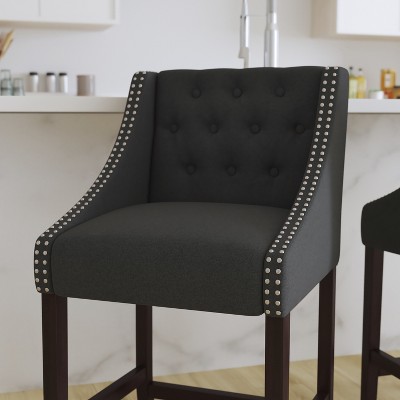 Charcoal Tufted Fabric and Walnut Wood Counter Stool