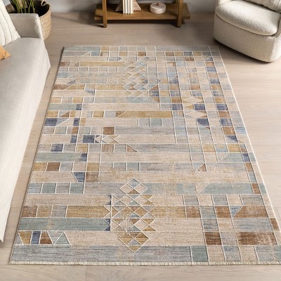 Beige and Blue Geometric 8' x 10' Synthetic Area Rug