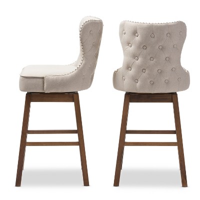 Modern Light Beige Button-Tufted Swivel Barstool in Walnut Wood