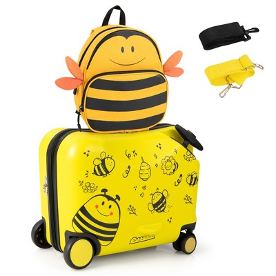 Image of Costway 2PC Kids Ride-on Luggage Set 18'' Carry-on Suitcase & 12'' Backpack Anti-Loss Rope Yellow