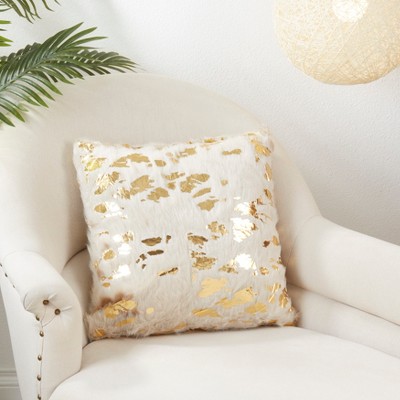 Ivory and Gold Faux Cow Hide Square Throw Pillow