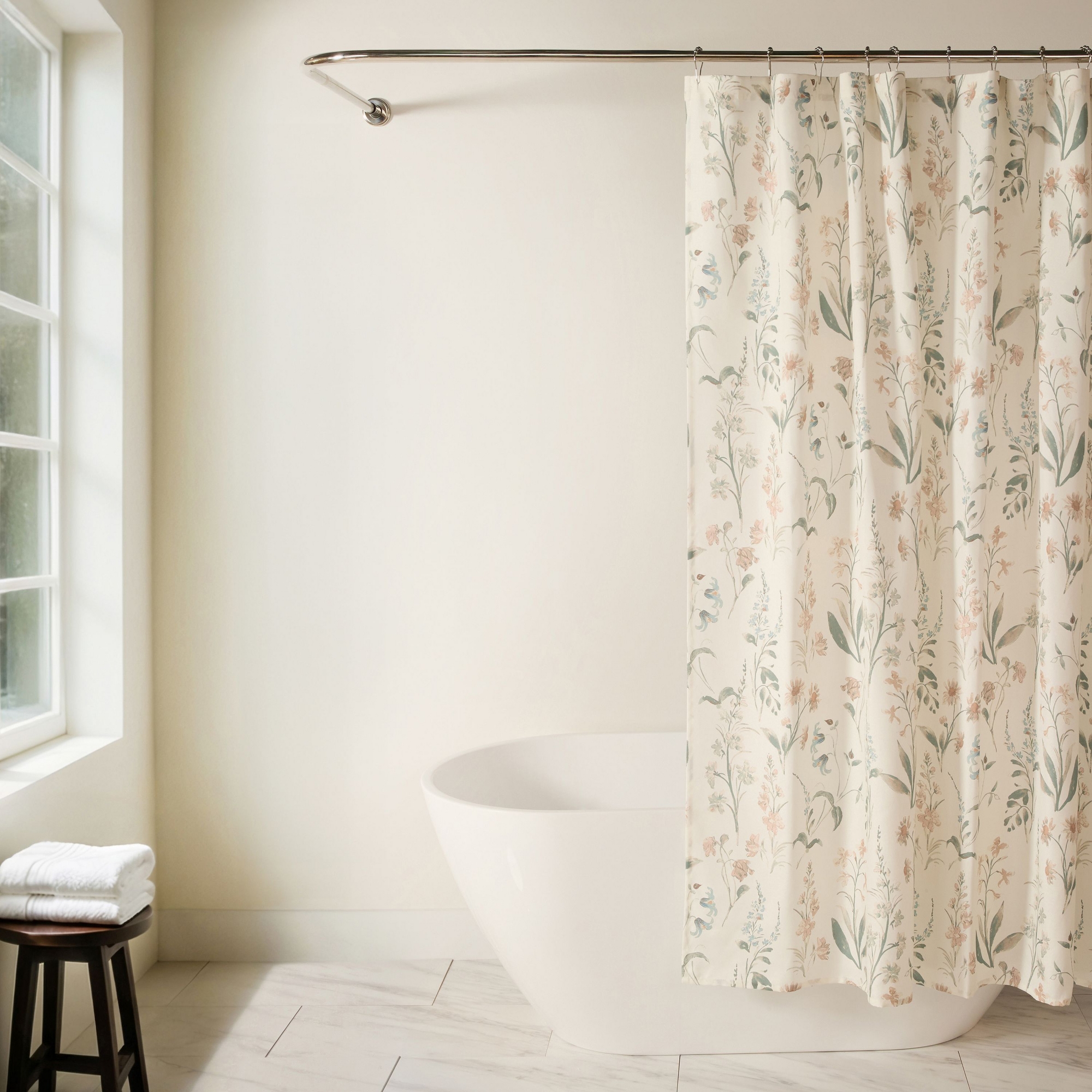 Floral Shower Curtain – 72" x 72" Polyester, Modern Painted Pattern for Bathroom Decor - Becky Cameron, Painted Floral Natural