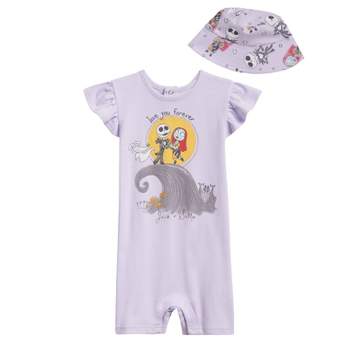 Disney Minnie Mouse Winnie the Pooh Nightmare Before Christmas Baby Girls Snap Romper and Bucket Sun Hat Newborn to Infant