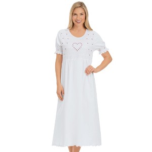 Collections Etc Smocked Bust Embroidered Floral Heart Short Sleeve Nightgown - 1 of 4