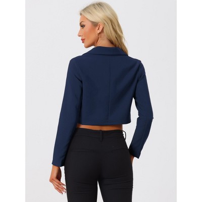 Allegra K Women's Long Sleeve Open Front Notched Lapel Business Cropped Blazers Small Dark Blue — фото 2