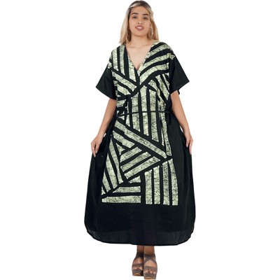 LEELA Women's Summer Holiday Beach Casual Dailywear Elegant Maxi Kaftan Dress Caftan Loungewear Dashiki House Dresses for Women 3X-4X Black, Stripe