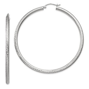 Black Bow Jewelry 3mm x 60mm, 14k White Gold, Diamond-cut Round Hoop Earrings - 1 of 4