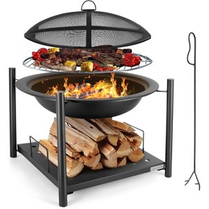 SereneLife Portable Outdoor Steel Wood Fire Pit Bowl with Grill & Spark Screen - SLNFWD74.6 - 1 of 4
