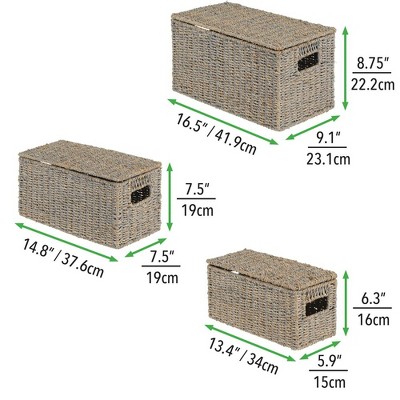 Gray Seagrass Rectangular Storage Baskets with Lids, Set of 3