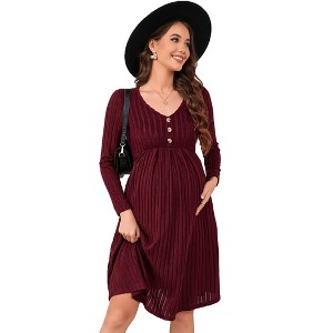 Maternity V Neck Knit Ribbed Dress Casual Long Sleeve Midi Sweater Dress with Pocket Photoshoot Baby Shower - 1 of 4