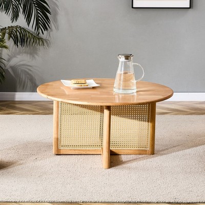 Round Coffee Table With Rattan Accents Modern Circle Center Table,Natural Wood