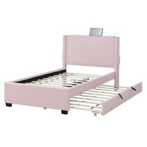 Infurnic Beds, Twin Over Pull-Out Bunk Bed with Trundle and Headboard, Extendable Bunk Beds for Small Space Bedroom, Pink, 82.7"*44.5"*40.6" - 1 of 4