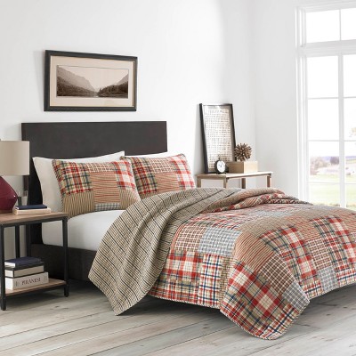 Brown Plaid Cotton Twin Reversible Quilt Set with Sham