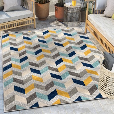 Blue and Yellow Geometric High Pile Outdoor Area Rug