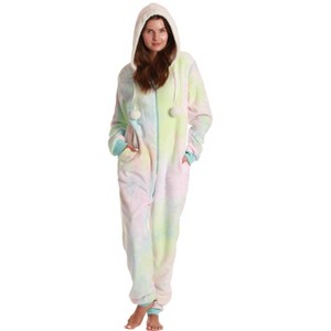 Just Love Womens One Piece Tie Dye Adult Bodysuit Faux Shearling Lined Hoody Pajamas - 1 of 4