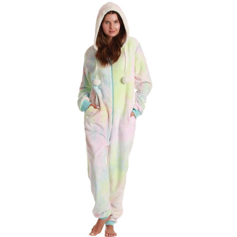 Just Love Womens One Piece Tie Dye Adult Onesie Faux Shearling Lined Hoody Pajamas, 1 of 5