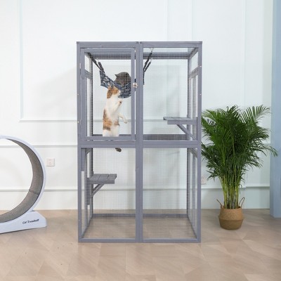 DOMETOUR Wooden Cat Catio Outdoor Cat Enclosure Cat House with Platforms, Sunshine Board, Hammock, Door, Kitten Cage