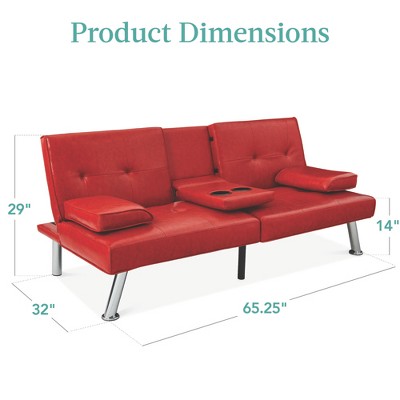 Red Faux Leather Convertible Sleeper Sofa with Cup Holders