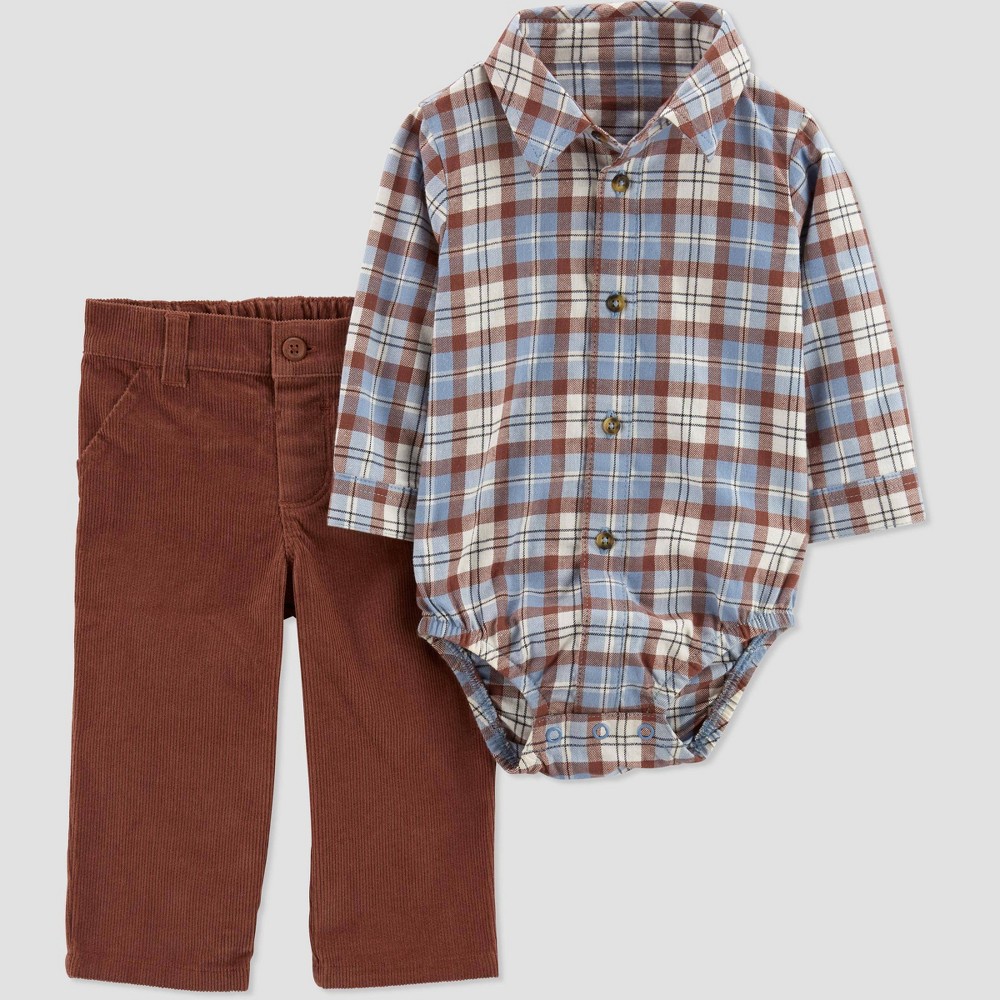 Size 3M Carter's Just One You Baby Boys' Plaid Top & Bottom Set - Brown 3M