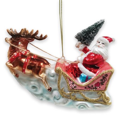 Santa Sleigh and Reindeer Elegant Christmas Ornament, Holiday Blown Glass Figurine| OrnamentallyYou