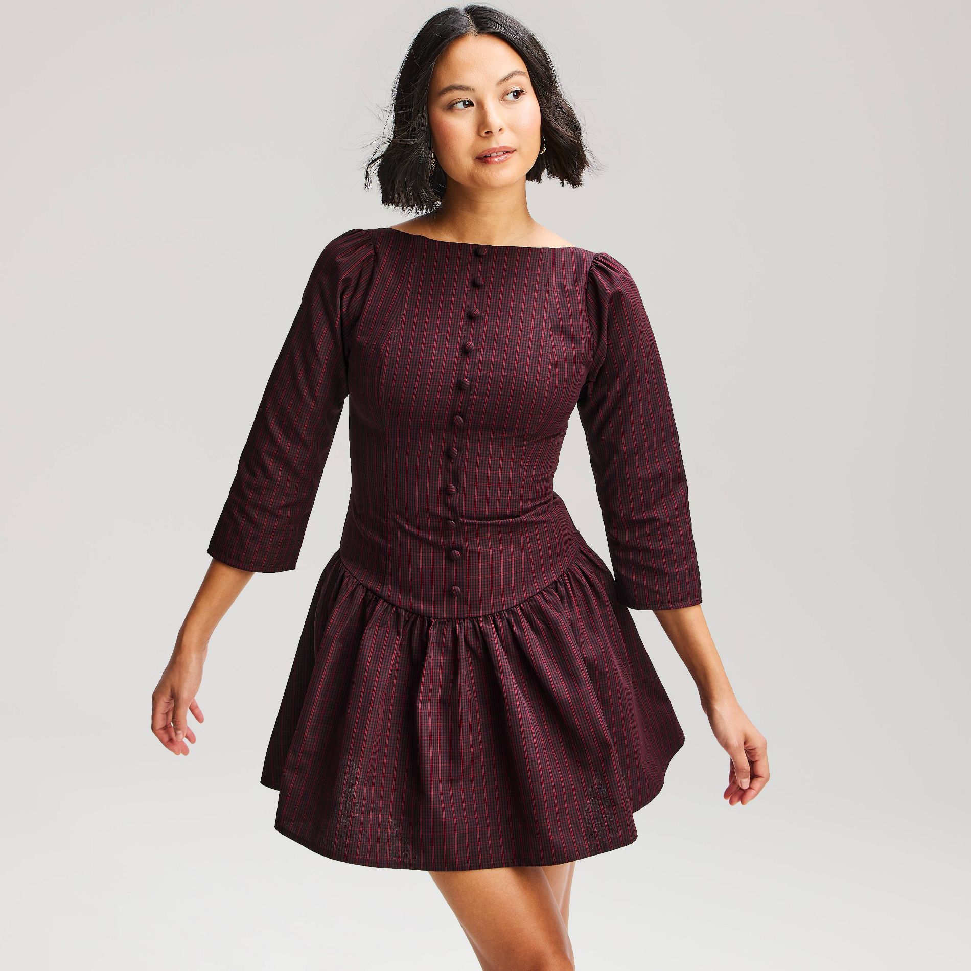 Women's High Neck Button-Front 3/4 Sleeve Mini Dress - Wild Fable™ Burgundy Plaid