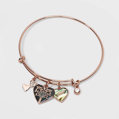 Silver Plated 'Family' Charm Cubic Zirconia and Abalone Bangle Bracelet - Rose Pink