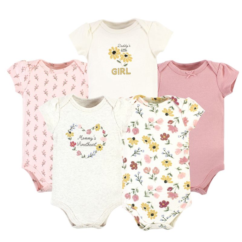 Hudson Baby Infant Girl Cotton Bodysuits, Soft Painted Floral 5-Pack, Preemie, 1 of 8