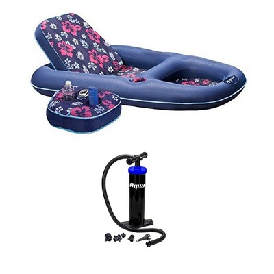 Aqua Leisure Campania 2-in-1 Convertible Water Lounger Pool Inflatable and Dual Action Hand Pump with 4 Nozzle Adapters Attachments, Navy Hibiscus