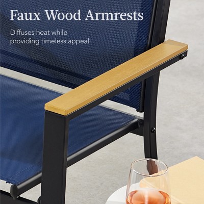 Set of 2 Blue Metal Armchairs with Wooden Armrests