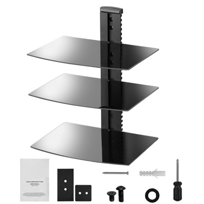 VEVOR Glass Floating Shelves, Holds up to 18 lbs, TV Wall Mount with Shelf，Strengthened Floating Entertainment Center for DVD Players / PS4 -3 Tiers