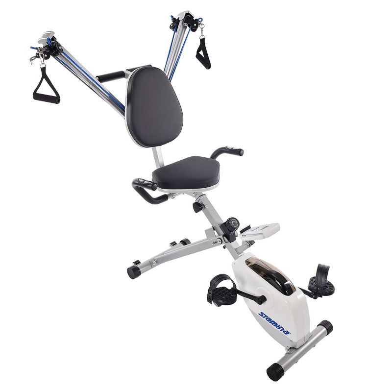 Stamina Strength System Stationary Portable Magnetic Resistance Upper and Lower Body Training Exercise Bike with Elastic Bungee Cords, White/Blue, 1 of 7