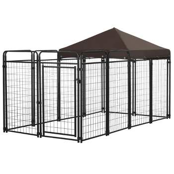PawHut Dog Kennel Outdoor with Waterproof Canopy, Galvanized Chain Link, for Backyard and Patio, Large and Medium Sized Dog, 9.3' x 4.6' x 5.2'