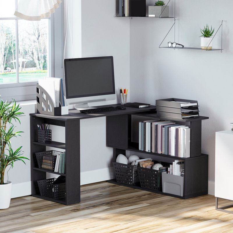 HOMCOM 360° Rotating Home Office Desk L Shaped Corner Computer Desk with Storage Shelves, Writing Table Workstation, 3 of 10