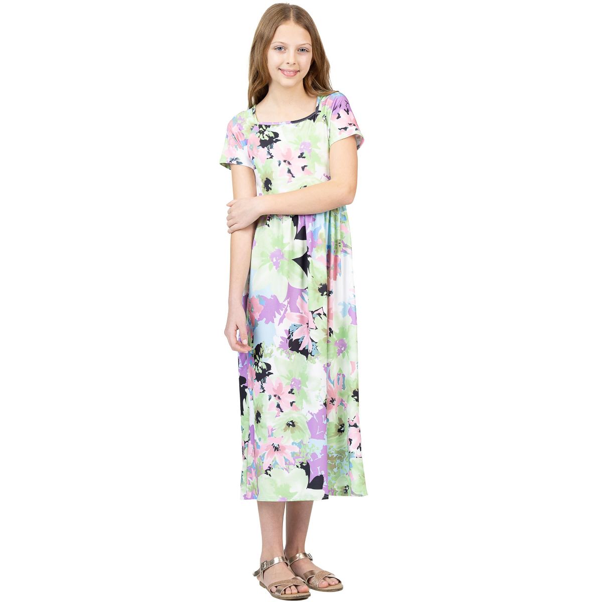 24sevenkid Girls Pastel Floral Print Short Sleeve Maxi Dress - thumbnail 2